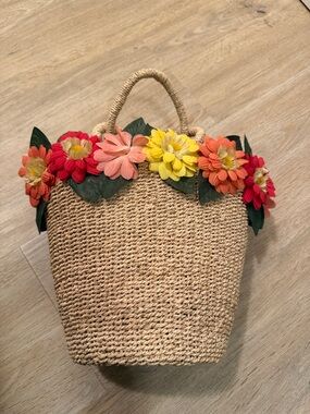 Mondani Woven Straw Tote with Bright Floral Trim